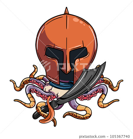 Cartoon cyborg octopus character with medieval gladiator helmet and pirate sword. Illustration for fantasy, science fiction and adventure comics Cartoon cyborg octopus character with medieval gladiator helmet and pirate sword. Illustration for fantasy, science fiction and adventure comics 105367740