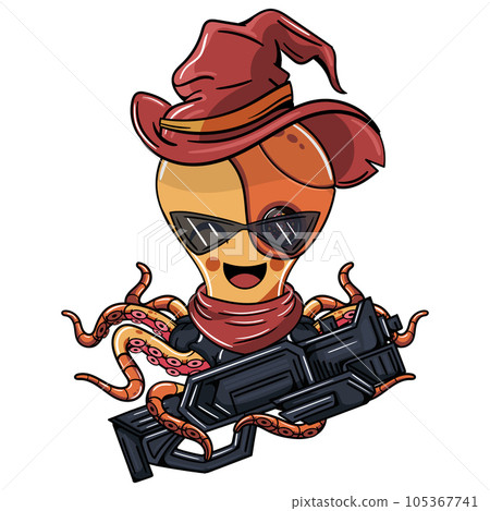 Cartoon octopus cyborg sorcerer character with witch hat and a futuristic weapon. Illustration for fantasy, science fiction and adventure comics 105367741