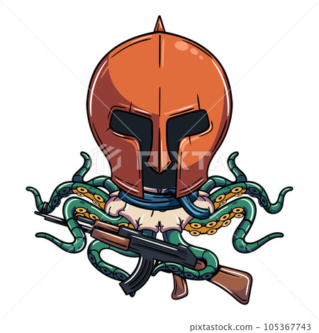 Cartoon cyborg octopus character wearing medieval helmet with shotgun. Illustration for fantasy, science fiction and adventure comics Cartoon cyborg octopus character wearing medieval helmet with shotgun. Illustration for fantasy, science fiction and adventure comics 105367743