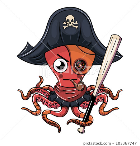Cartoon pirate cyborg octopus character wearing a tricorne hat smoking a pipe with a baseball bat. Illustration for fantasy, science fiction and adventure comics 105367747