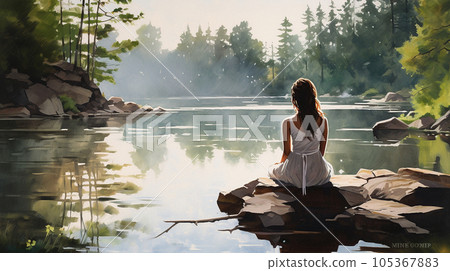 the girl does yoga in nature. Forest and lake the girl does yoga in nature. Forest and lake 105367883