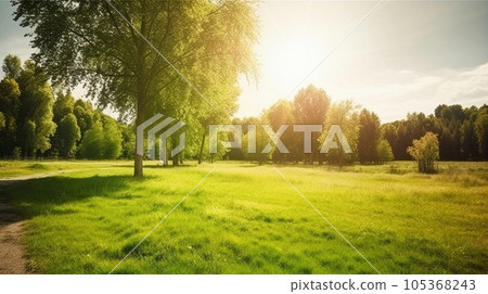 Summer warm landscape with green field and park Summer warm landscape with green field and park 105368243