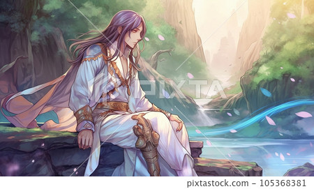 Anime character on the background of forest river Anime character on the background of forest river 105368381