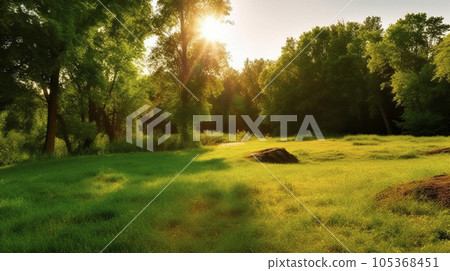 Summer warm landscape with green field and park 105368451
