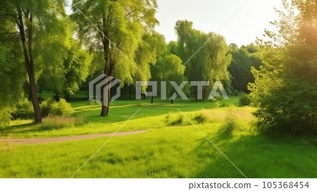 Summer warm landscape with green field and park Summer warm landscape with green field and park 105368454