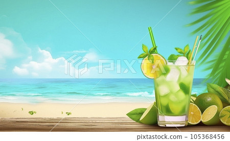 A glass of mojito and lemon. Table, fruit, professional background 105368456