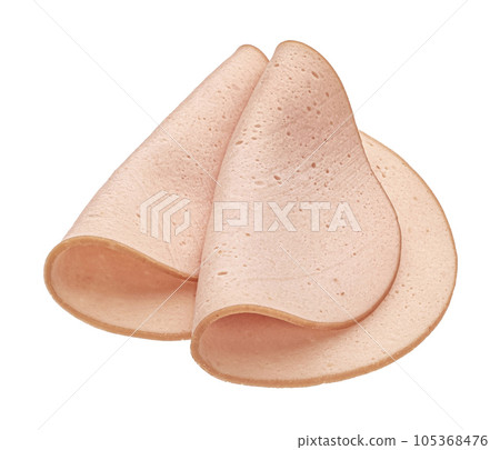 Boiled ham sausage slices isolated on white background, full depth of field Boiled ham sausage slices isolated on white background, full depth of field 105368476
