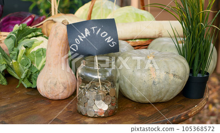 Table with homegrown vegetables and bottles of wine, jar filled with coins for local donations. Greenmarket stall with organic eco lettuce or cabbage, raw pumpkin and zucchini. Close up. Table with homegrown vegetables and bottles of wine, jar filled with coins for local donations. Greenmarket stall with organic eco lettuce or cabbage, raw pumpkin and zucchini. Close up. 105368572