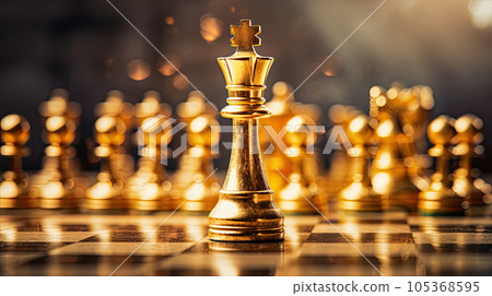 Set of luxury golden chess pieces isolated on dark background. The photo of gold chess, king, rook, bishop, queen, knight, and pawn. 105368595