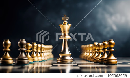 Set of luxury golden chess pieces isolated on dark background. The photo of gold chess, king, rook, bishop, queen, knight, and pawn 105368659