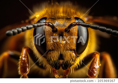 Honey bee collects pollen and nectar, honeybee head macro view Honey bee collects pollen and nectar, honeybee head macro view 105369167