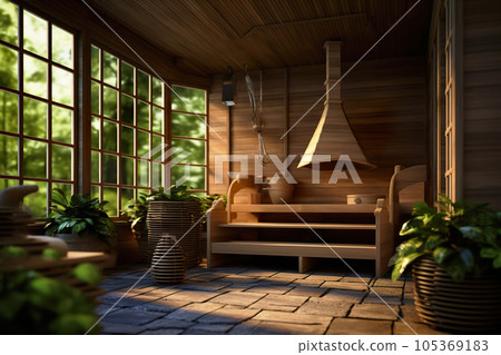 Wood sauna interior, luxury steam room of spa in hotel or home 105369183