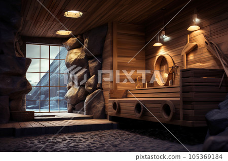 Wood sauna interior, luxury steam room of spa in Scandinavia Wood sauna interior, luxury steam room of spa in Scandinavia 105369184