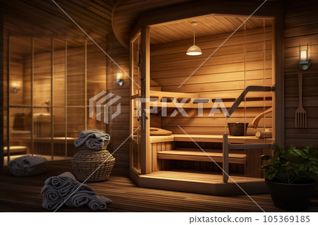 Luxury sauna interior, wooden steam room of spa in hotel or home 105369185