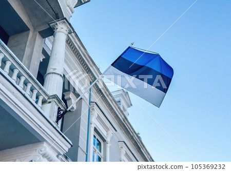The flag of Ukraine and the flag of Estonia are fluttering in the wind against the blu sky The flag of Ukraine and the flag of Estonia are fluttering in the wind against the blu sky 105369232