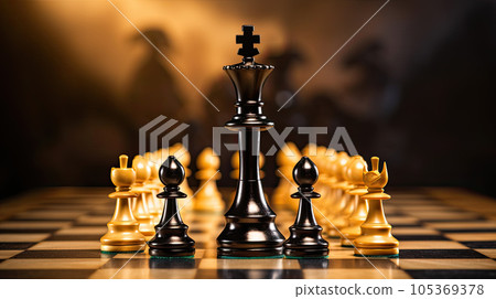 Winner. black king surrounded with gold chess pieces on chess board game competition with copy space on dark background, chess battle, success, team leader, teamwork and business strategy concept Winner. black king surrounded with gold chess pieces on chess board game competition with copy space on dark background, chess battle, success, team leader, teamwork and business strategy concept 105369378