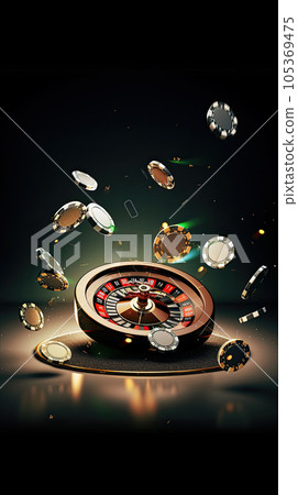 Collage of casino images with a close-up vibrant image of multicolored casino roulette table with poker chips 105369475