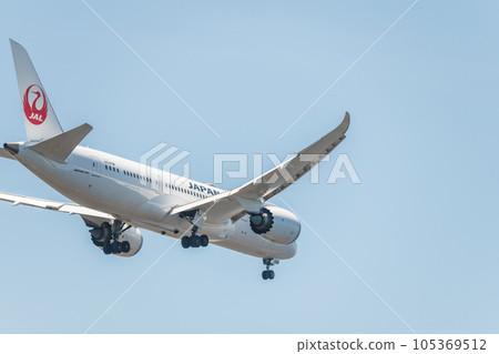 [Rear view of a JAL aircraft ready to land from the sky above Jonanjima Seaside Park] 105369512