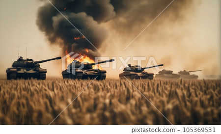 Destroyed tanks on a wheat field. Landscape photorealistic illustration 105369531