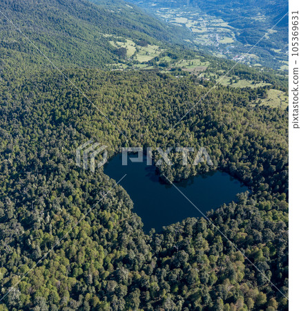 Heart lagoon, Laguna Corazon, Chile. Drone top down view go lagoon with the shape of a heart surrounded by forest, near Liquine, Region Los Lagos Chile 105369631