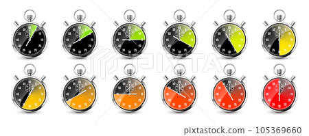 Realistic classic stopwatch. Shiny metal chronometer, time counter with dial. Colorful countdown timer showing minutes and seconds. Time measurement for sport, start and finish. Vector illustration Realistic classic stopwatch. Shiny metal chronometer, time counter with dial. Colorful countdown timer showing minutes and seconds. Time measurement for sport, start and finish. Vector illustration 105369660