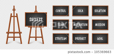 Black chalkboard on wooden easel. Blackboard in wooden frame on a tripod. Presentation board with text, writing or drawing surface. Leadership and success, goals achievement. Vector illustration 105369663