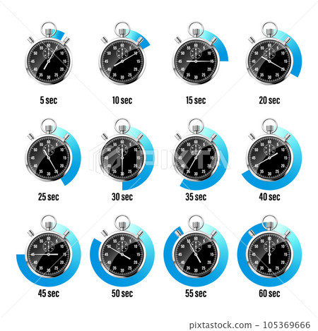 Realistic classic stopwatch. Shiny metal chronometer, black time counter with dial. Blue countdown timer showing minutes and seconds. Time measurement for sport, start and finish. Vector illustration Realistic classic stopwatch. Shiny metal chronometer, black time counter with dial. Blue countdown timer showing minutes and seconds. Time measurement for sport, start and finish. Vector illustration 105369666