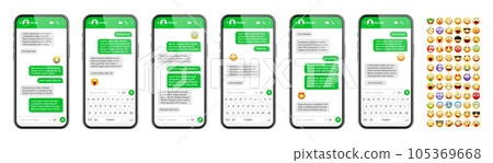 Smartphone messaging app, user interface design with emoji. SMS text frame. Chat screen with green message bubbles. Texting app for communication. Social media application. Vector illustration Smartphone messaging app, user interface design with emoji. SMS text frame. Chat screen with green message bubbles. Texting app for communication. Social media application. Vector illustration 105369668