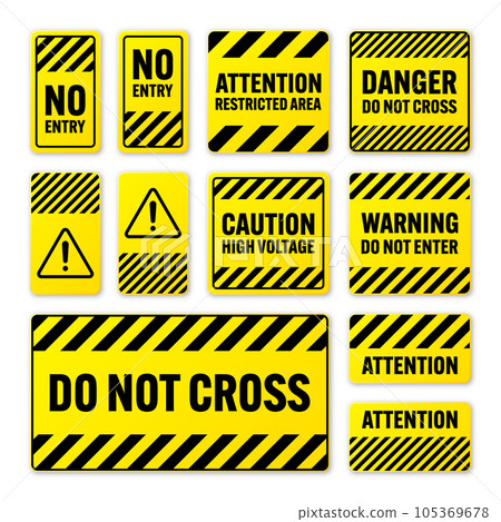 Various black and yellow warning signs with diagonal lines. Attention, danger or caution sign, construction site signage. Realistic notice signboard, warning banner, road shield. Vector illustration 105369678