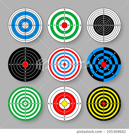 Shooting range paper targets. Round target with divisions, marks and numbers. Archery, gun shooting practise and training, sport competition and hunting. Bullseye and aim. Vector illustration 105369682