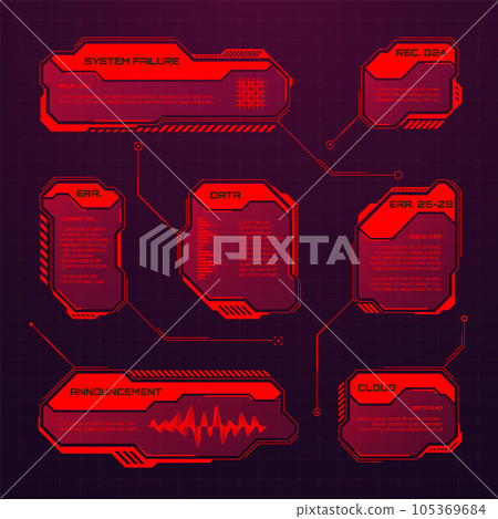 Red futuristic HUD or UI elements. Sci-fi user interface text boxes, callouts. Warning message frames, information boxes template. Modern game interface layout in digital style. Vector illustration Red futuristic HUD or UI elements. Sci-fi user interface text boxes, callouts. Warning message frames, information boxes template. Modern game interface layout in digital style. Vector illustration 105369684
