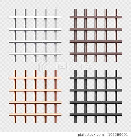 Various shiny metal prison bars collection. Realistic detailed jail cage, prison iron fence. Criminal background mockup. Vector illustration 105369691