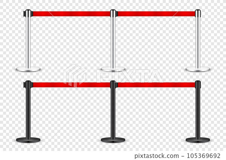 Realistic red retractable belt stanchion. Crowd control barrier posts with caution strap. Queue lines. Restriction border and danger tape. Attention, warning sign. Vector illustration 105369692