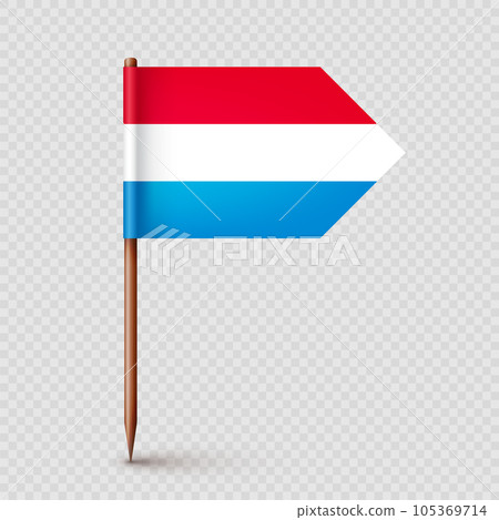 Luxembourgish toothpick flag. Souvenir from Luxembourg. Wooden toothpick with paper flag. Location mark, map pointer. Blank mockup for advertising and promotions. Vector illustration Luxembourgish toothpick flag. Souvenir from Luxembourg. Wooden toothpick with paper flag. Location mark, map pointer. Blank mockup for advertising and promotions. Vector illustration 105369714