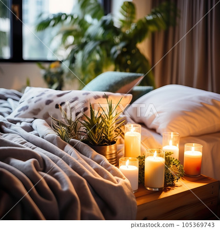 Mindfulness home interior decor, green plants and candles in beautiful afternoon light, natural cozy calm home decoration 105369743