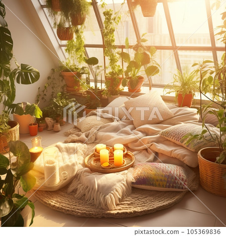 Mindfulness home interior decor, green plants and candles in beautiful afternoon light, natural cozy calm home decoration 105369836