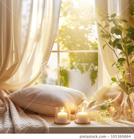 Mindfulness home interior decor, green plants and candles in beautiful afternoon light, natural cozy calm home decoration Mindfulness home interior decor, green plants and candles in beautiful afternoon light, natural cozy calm home decoration 105369864