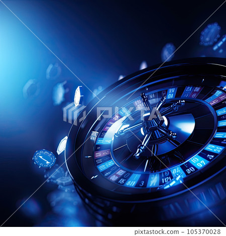 Collage of casino images with a close-up vibrant image of multicolored casino roulette table with poker chips 105370028