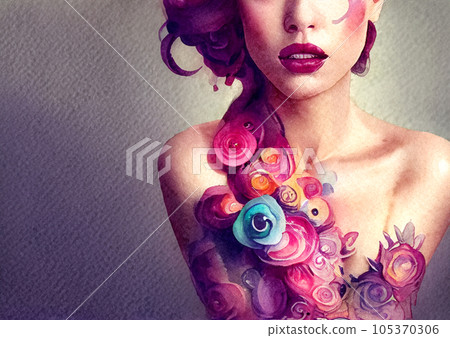 Fashion model woman wearing colorful flower dress (decollete up) | Illustration | Generativ 105370306
