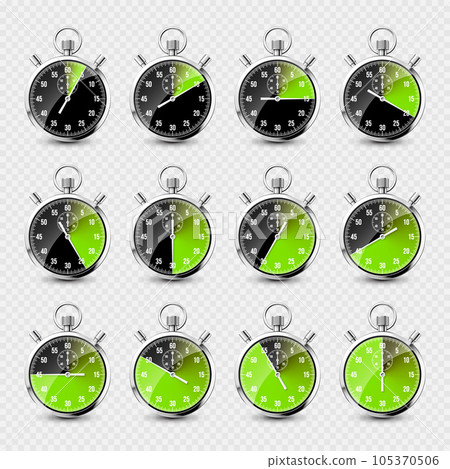 Realistic classic stopwatch. Shiny metal chronometer, time counter with dial. Green countdown timer showing minutes and seconds. Time measurement for sport, start and finish. Vector illustration 105370506