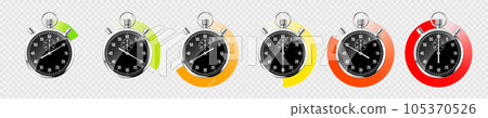 Realistic classic stopwatch. Shiny metal chronometer, black time counter with dial. Colorful countdown timer showing minutes, seconds. Time measurement for sport, start or finish. Vector illustration 105370526