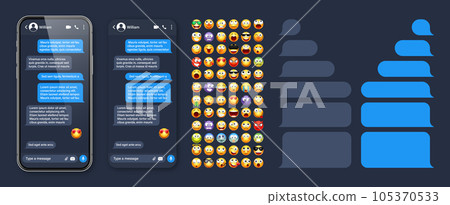 Smartphone messaging app, user interface with emoji. SMS text frame. Chat screen, blue message bubbles. Texting app for communication. Social media application. Dark mode. Vector illustration 105370533
