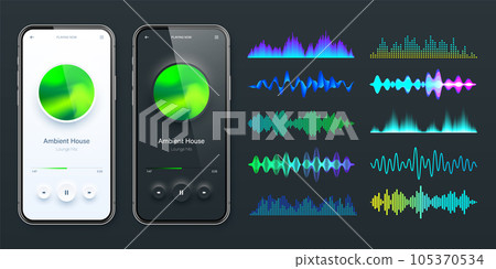Online audio player user interface, smartphone app UI design. Music, media streaming and listening platform. Responsive mobile application. Neumorphism. Various sound waves. Vector illustration 105370534