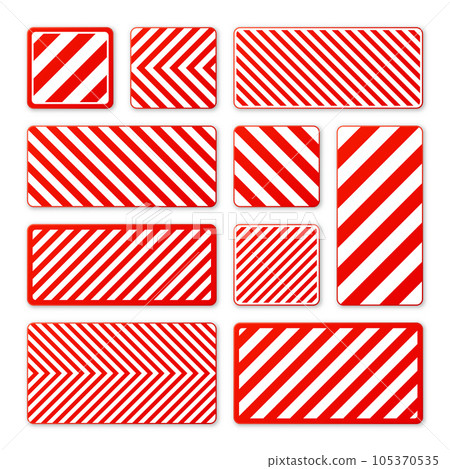 Various white and red warning signs with diagonal lines. Attention, danger or caution sign, construction site signage. Realistic notice signboard, warning banner, road shield. Vector illustration 105370535