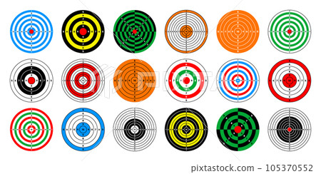 Shooting range paper targets. Round target with divisions, marks and numbers. Archery, gun shooting practise and training, sport competition and hunting. Bullseye and aim. Vector illustration 105370552
