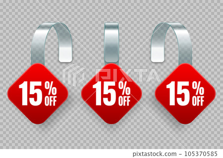 Supermarket promotional wobblers. Realistic red wobbler template for shelf advertising, 15 percent off discount. Sale label with ad text. Special offer price tag. Vector illustration Supermarket promotional wobblers. Realistic red wobbler template for shelf advertising, 15 percent off discount. Sale label with ad text. Special offer price tag. Vector illustration 105370585