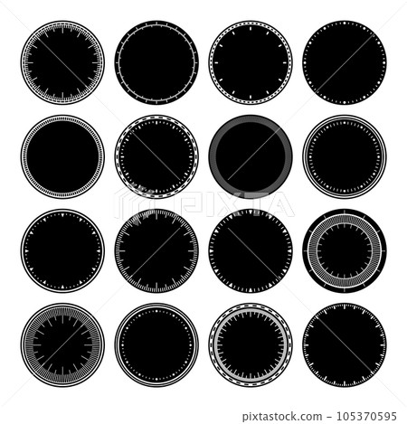 Mechanical clock faces, bezel. Watch dial with minute and hour marks. Timer or stopwatch element. Blank measuring circle scale with divisions. Vector illustration. 105370595