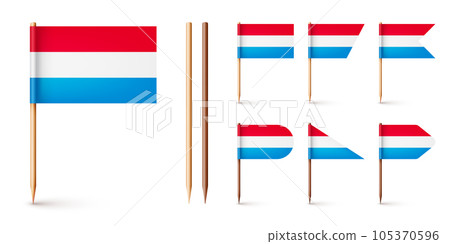 Luxembourgish toothpick flags. Souvenir from Luxembourg. Wooden toothpicks with paper flag. Location mark, map pointer. Blank mockup for advertising and promotions. Vector illustration 105370596