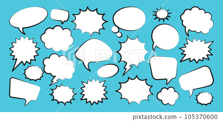 Comic speech bubbles. Outline, hand drawn retro cartoon stickers on blue background. Chatting and communication, dialog elements. Pop art style. Vector illustration 105370600