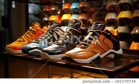 Sneakers and sport shoes on the wall in store. Noname colorful sport footwear. 105370734